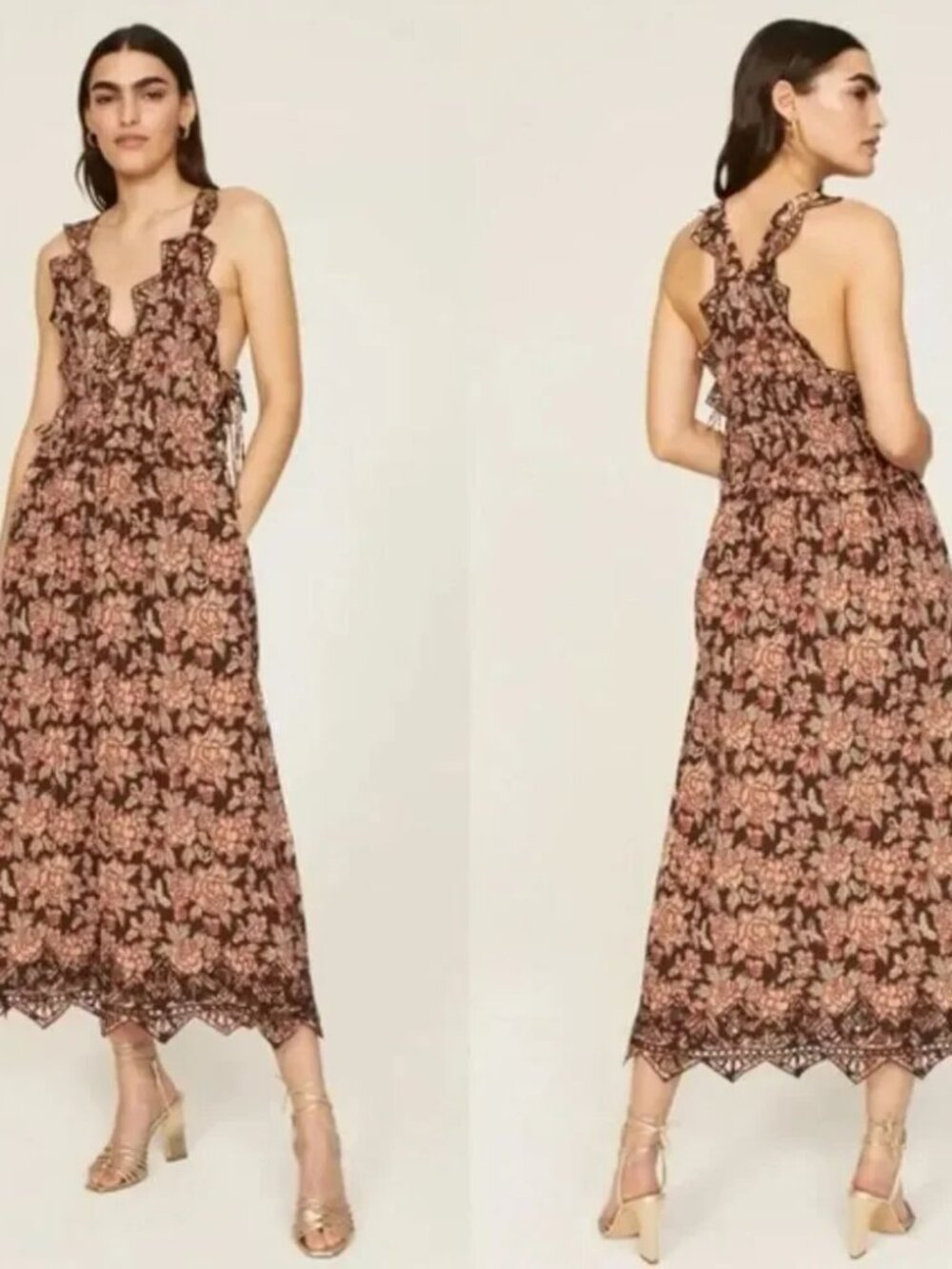 Sea New York Brown and Pink Floral Lace Maxi Dress